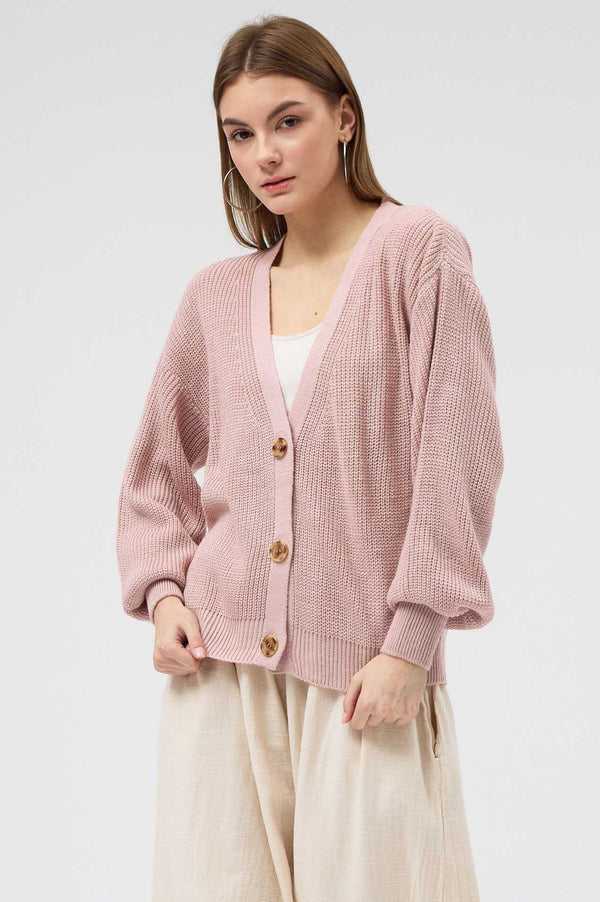 Pudra Düğmeli Triko Hırka