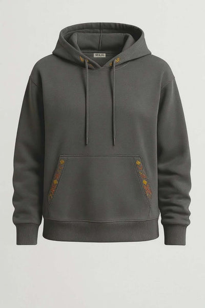 Gunmetal Kapşonlu Nakışlı Sweatshirt