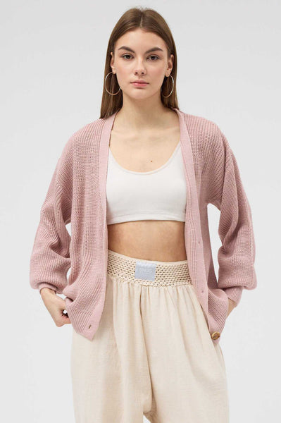 Pudra Düğmeli Triko Hırka