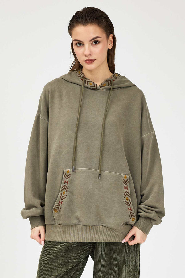 Sage Kapşonlu Nakışlı Sweatshirt- Kadın