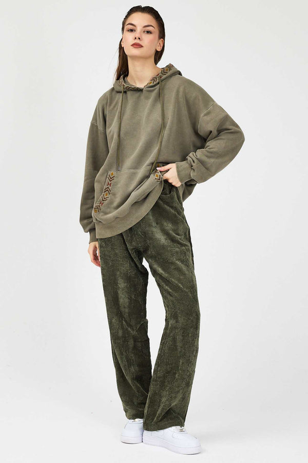 Sage Kapşonlu Nakışlı Sweatshirt- Kadın