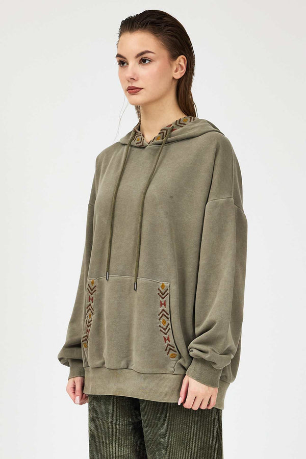 Sage Kapşonlu Nakışlı Sweatshirt- Kadın