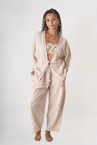 Bej Keten Hırka - Oversize Açık Ön Bohem Kimono