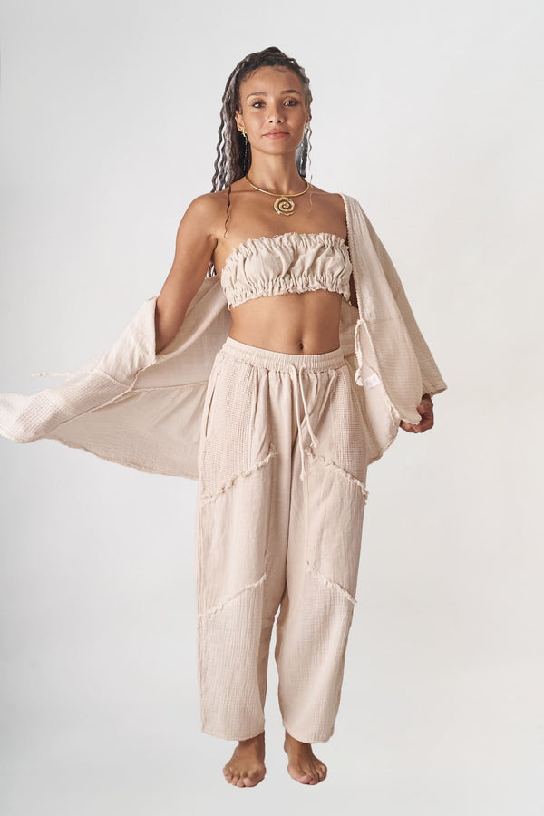 Bej Keten Hırka - Oversize Açık Ön Bohem Kimono