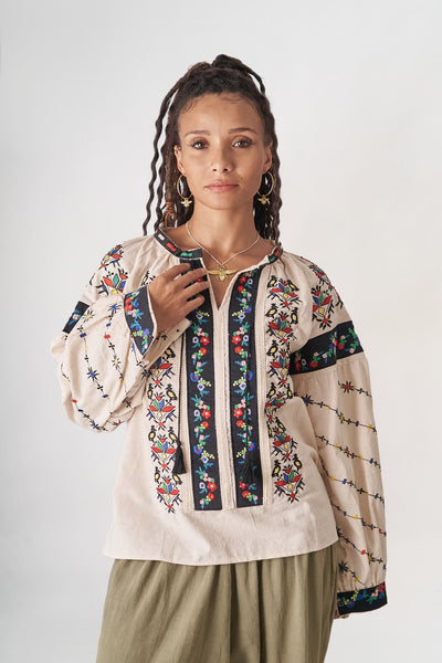 Çiçek Yağmuru Keten Desenli Bluz – (Ön Satış)