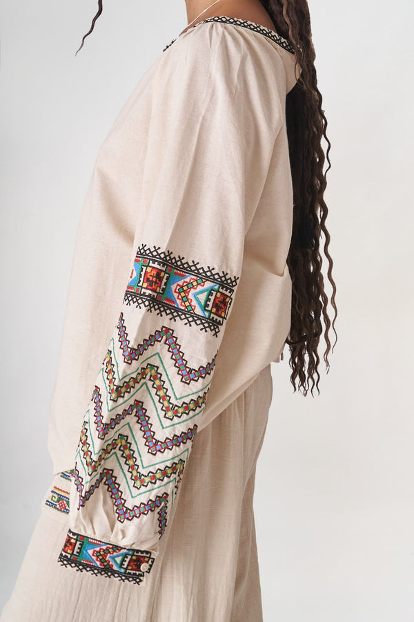 Etnik Keten Nakışlı Bluz – Krem (Ön Satış)
