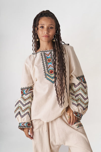 Etnik Keten Nakışlı Bluz – Krem (Ön Satış)