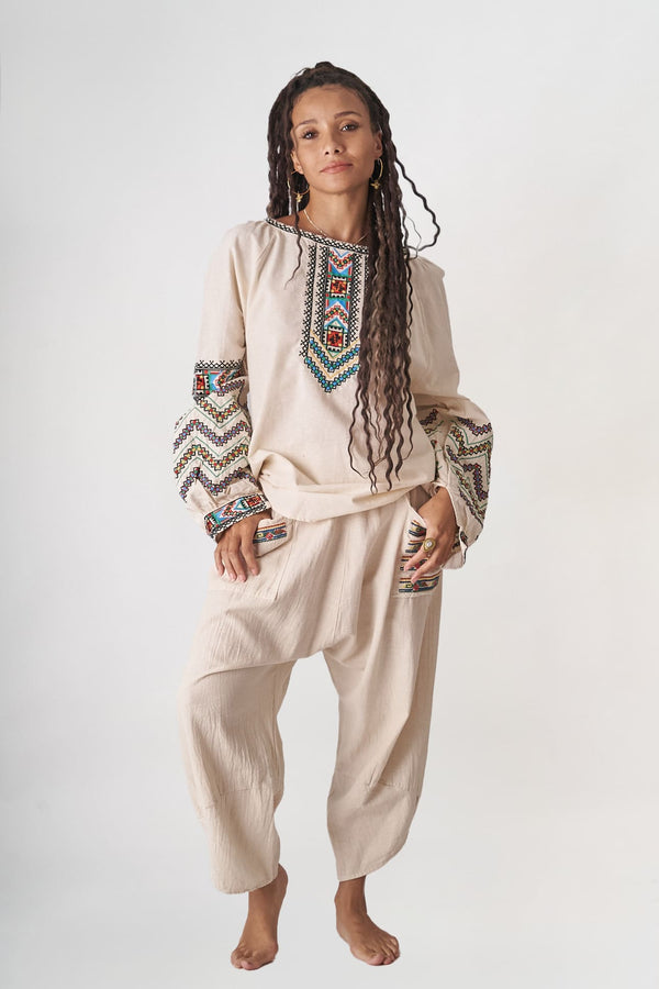 Etnik Keten Nakışlı Bluz – Krem (Ön Satış)