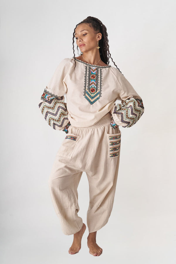 Etnik Keten Nakışlı Bluz – Krem (Ön Satış)