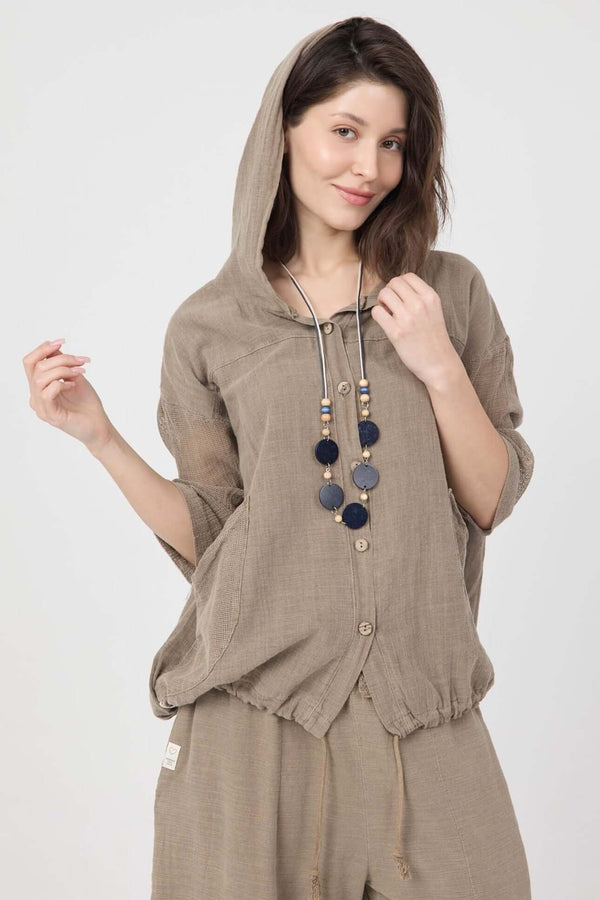 Dune Pamuk Hoodie in brown with hood and tulle detail, perfect for summer. Organic cotton harem boho style.