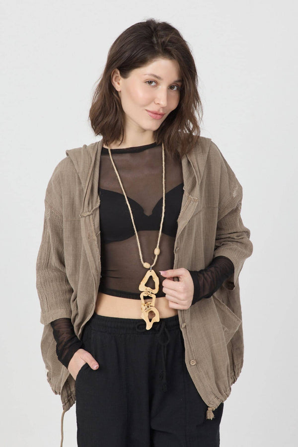 Dune Pamuk Hoodie in brown, featuring a hood and tulle detail, perfect for summer with an organic cotton blend.