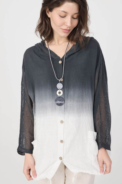 Nightfall Degrade Hoodie in antrasit ombre with netted sleeves, made of organic cotton, perfect for summer.