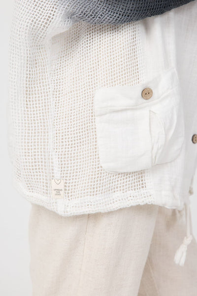 Nightfall Degrade Hoodie showing the unique ombre effect, net sleeve, and buttons, perfect for summer styling.