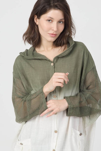 Orman Degrade Hoodie - zeytin yeşili ombre, unisex, file kollu, %100 pamuk, rahat ve boho tarzı.