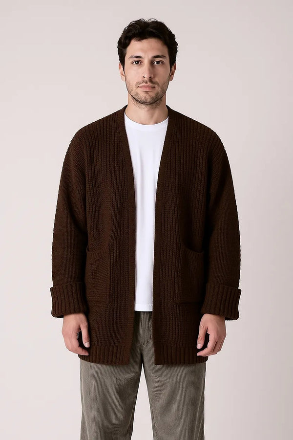 Mocha Cocoon Cepli Oversize Triko Hırka - Erkek — ön görünüm