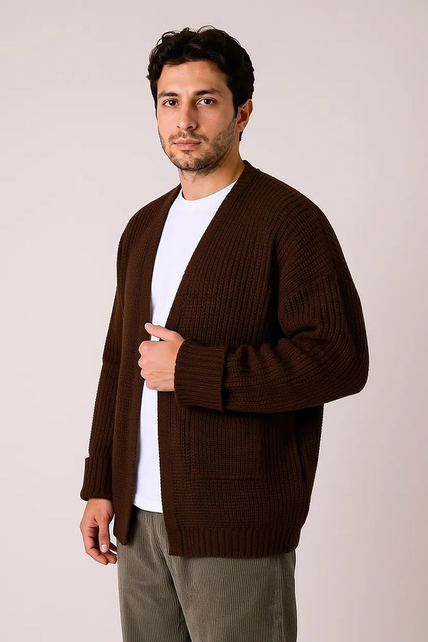 Mocha Cocoon Cepli Oversize Triko Hırka - Erkek — yan görünüm