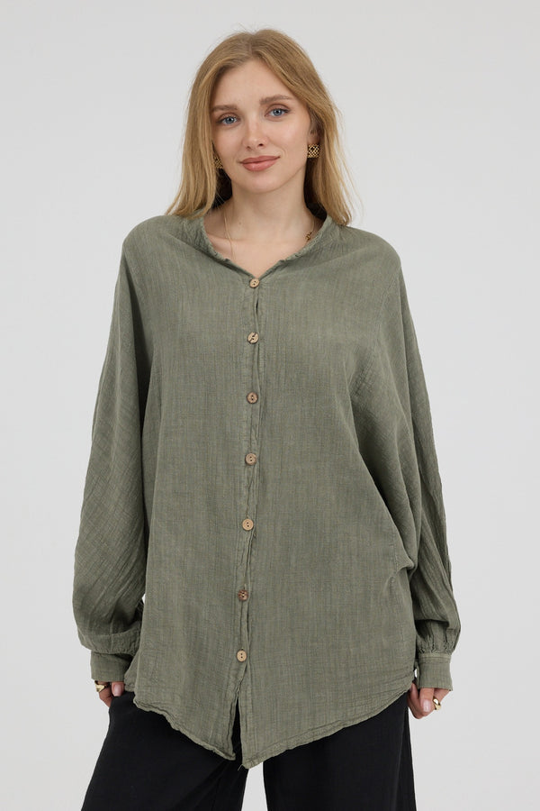 Olive Drift Oversize Gömlek - Kadın — ön görünüm