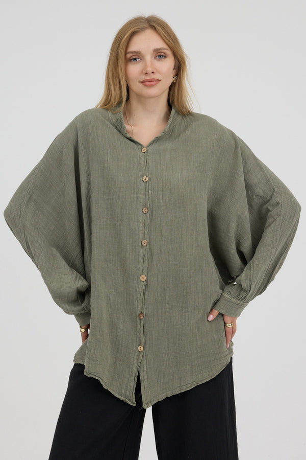 Olive Drift Oversize Gömlek - Kadın — yan görünüm