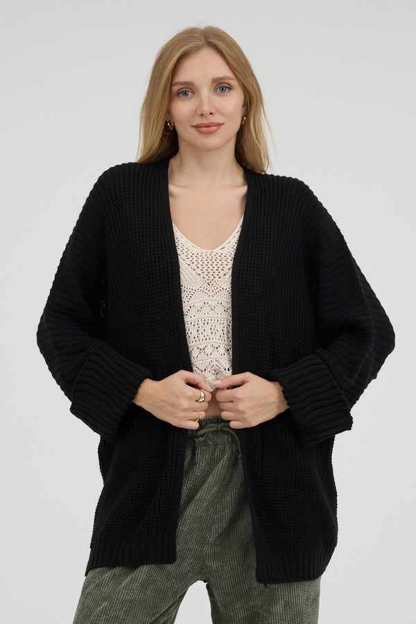 Noir Cocoon Cepli Oversize Triko Hırka - Kadın — ön görünüm