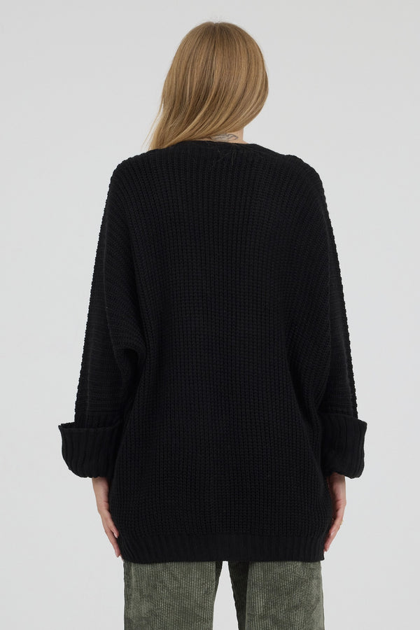 Noir Cocoon Cepli Oversize Triko Hırka - Kadın — arka görünüm