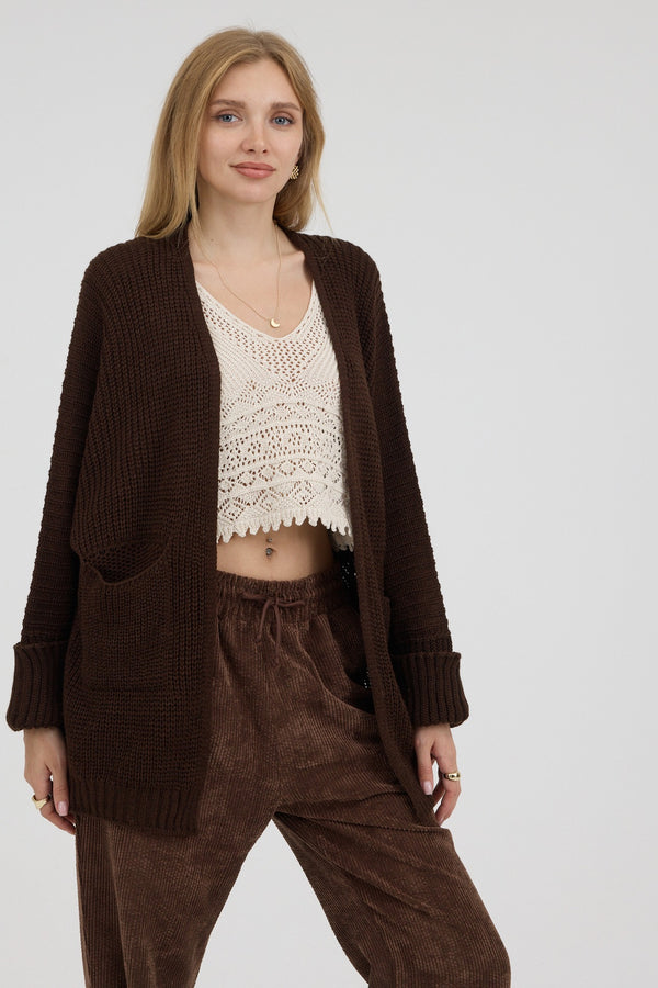 Mocha Cocoon Cepli Oversize Triko Hırka - Kadın — ön görünüm