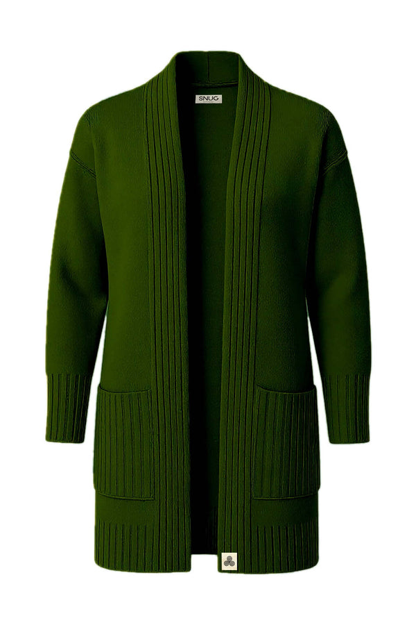 Triko Cardigan Hırka - Kadın, yeşil, ön cep detayları ile rahat ve şık tasarım.