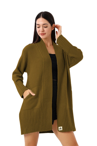 Triko Cardigan Hırka - Kadın, yeşil renkte ribana detaylı, belden düşük unisex kapşonlu hırka